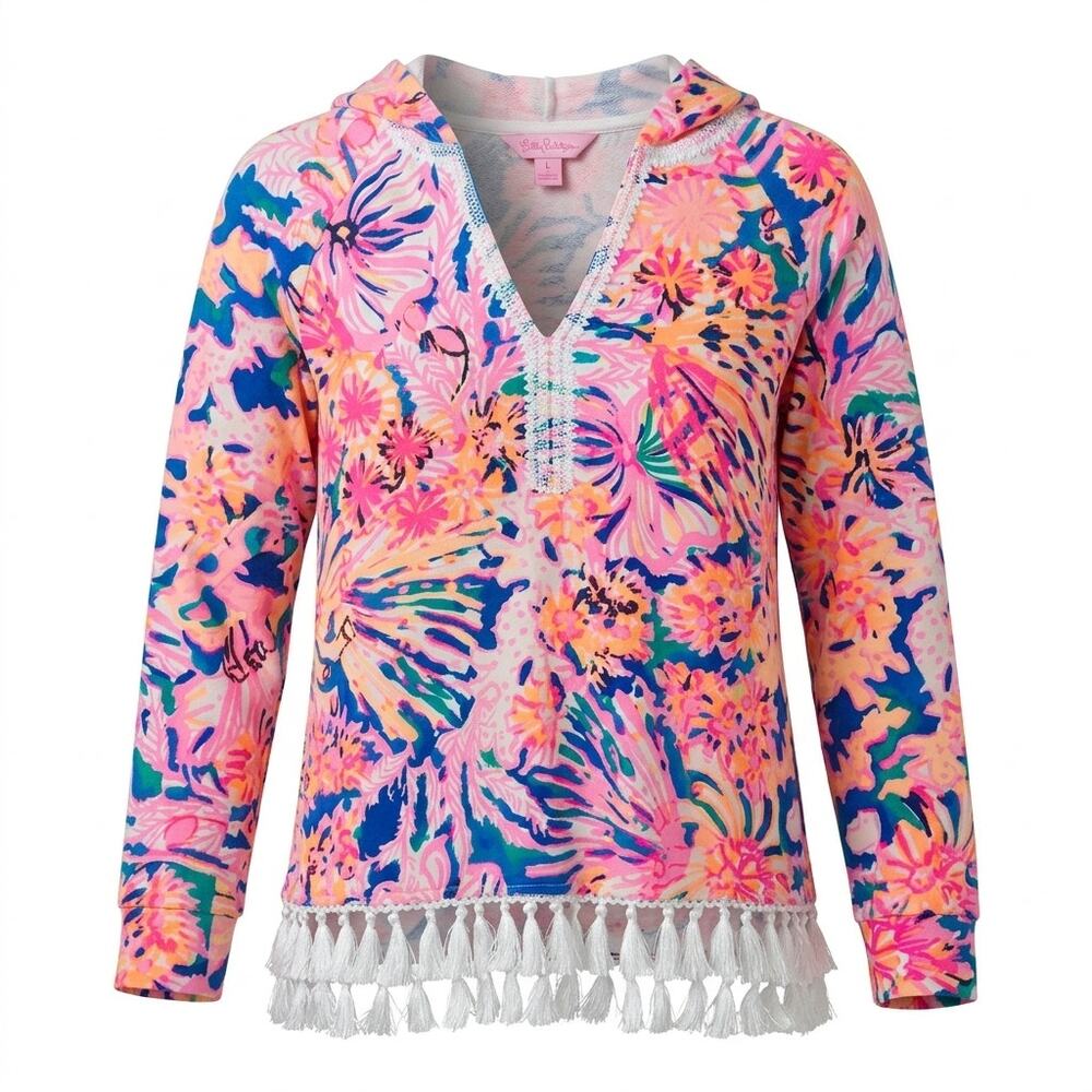 Lilly Pulitzer Pink Floral Fringe V-Neck Knit Top Women Size L
